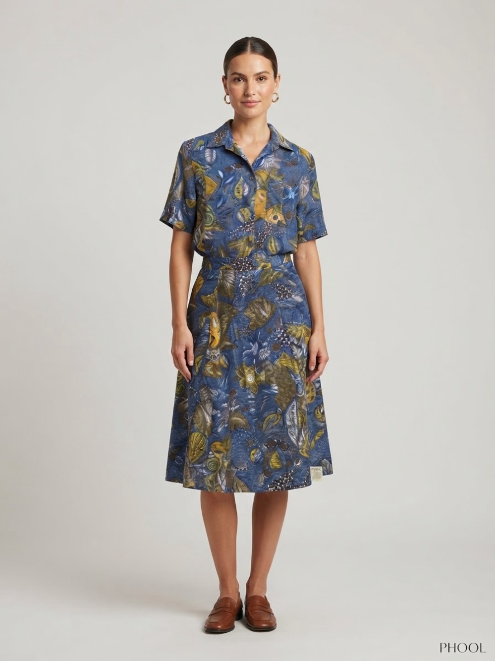 Vintage 90s Phool Blue Yellow Leaf Print Skirt Suit Set M NWT